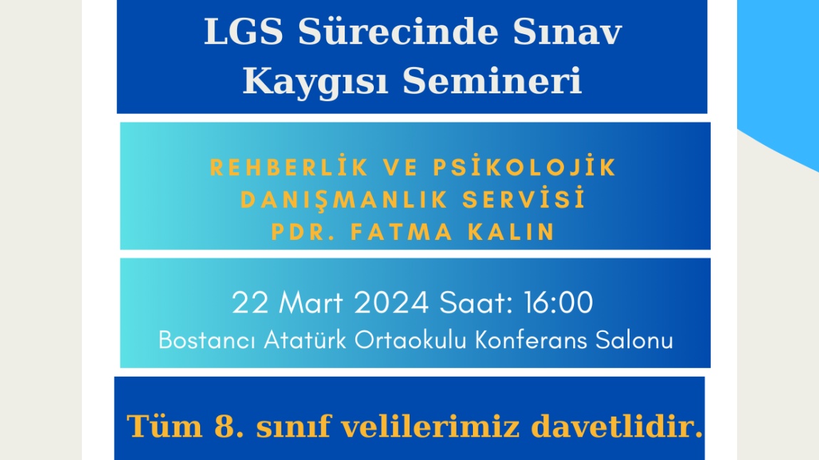 8. Sınıf LGS bilgilendirme semineri 22 Mart saat 16:00 da okulumuz konferans salonunda gerçekleşecektir. 